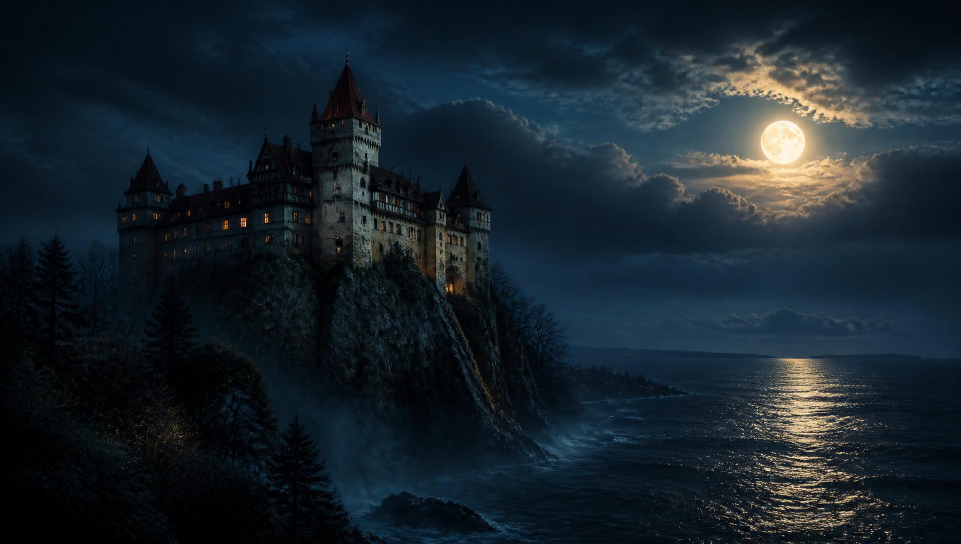 Gothic castle on a cliff above the moonlit Black Sea